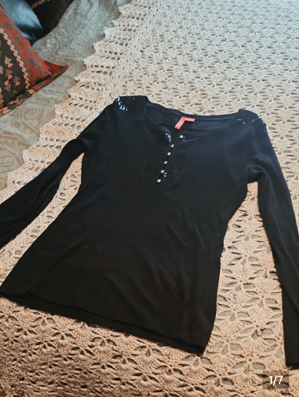Charlotte Black Long-Sleeve Henley Top with Sequin Detail